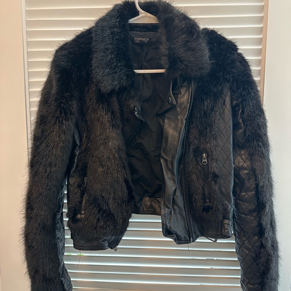 Beautiful topshop black leather and fur jacket. Size 4. Great condition